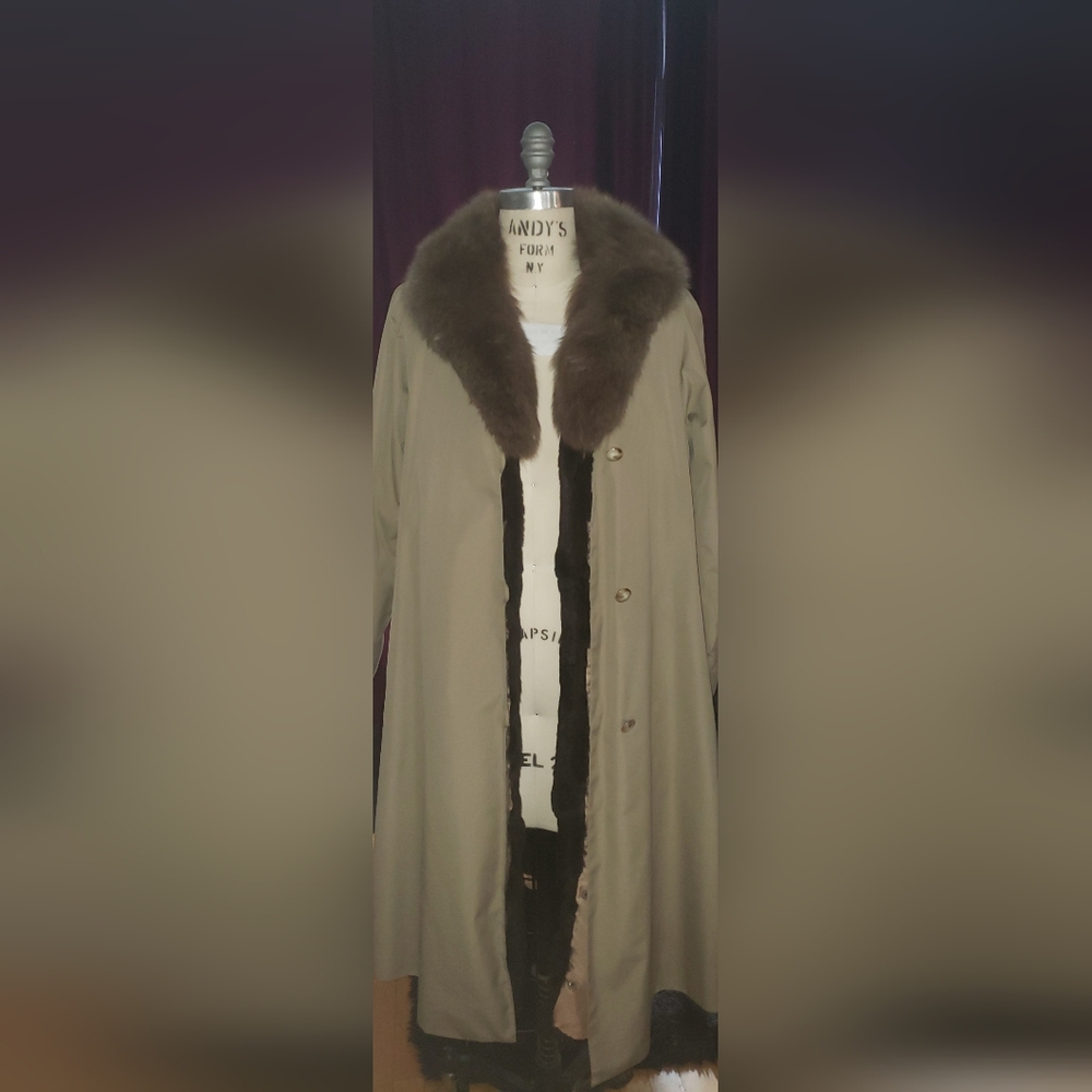 VTG Saks Fifth Avenue fox fur collar sheared fur lining nylon trench coat - Picture 5 of 16